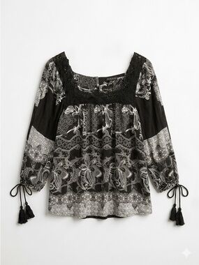Joe & Elle Boho Paisley Crochet Lace Trim Blouse with Tassel Sleeves - Small